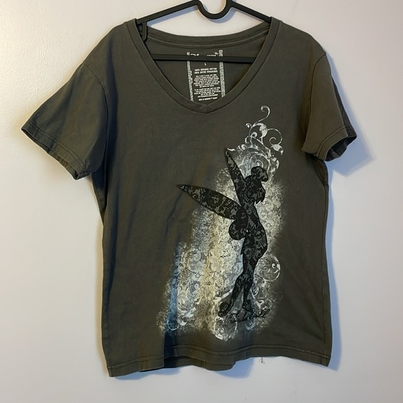 Disney Store Gray Lace Look Embroidered Tinkerbell V-neck size L Organic Cotton - Picture 1 of 12